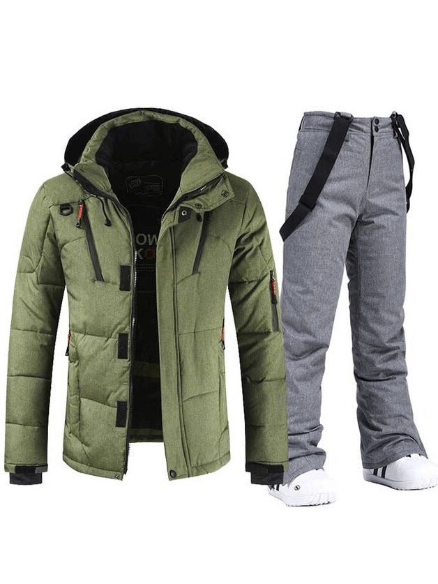 Warm windproof waterproof outdoor sports ski suit SF1783 with green jacket and grey pants, ideal for skiing in cold winter months.
